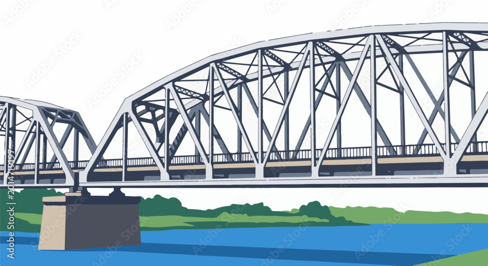 Fototapeta premium A wide steel truss bridge spans over a blue river with green banks
