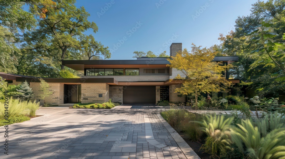 Fototapeta premium Modern brick home with a paved driveway and lush landscaping.