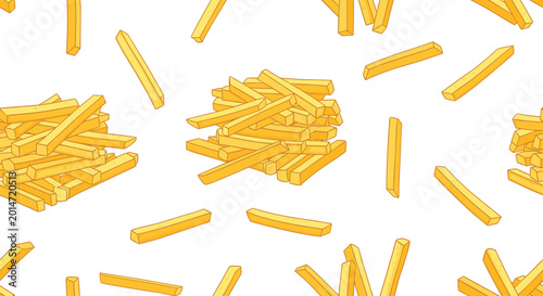 Seamless background pattern of golden crispy french fries scattered across a plain white surface for fast food theme.