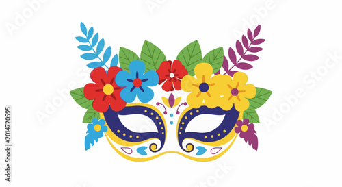 Colorful festive mask adorned with vibrant flowers and foliage