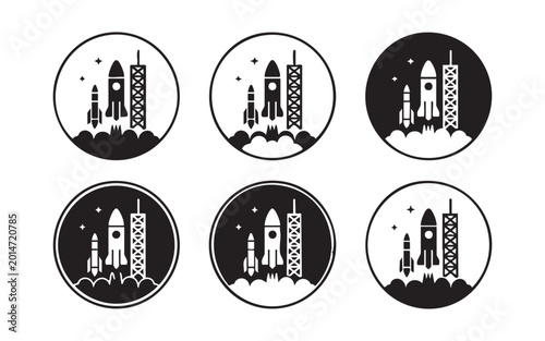 Rocket launch icons inside circle frames for space exploration and science themed visual designs.