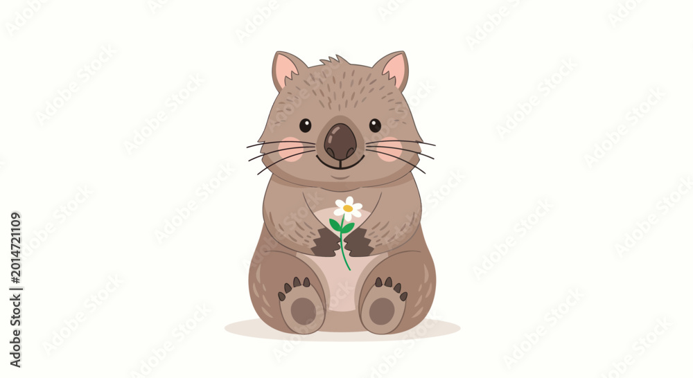 Fototapeta premium Cute Wombat Holding a Daisy Flower, Adorable Australian Animal Illustration