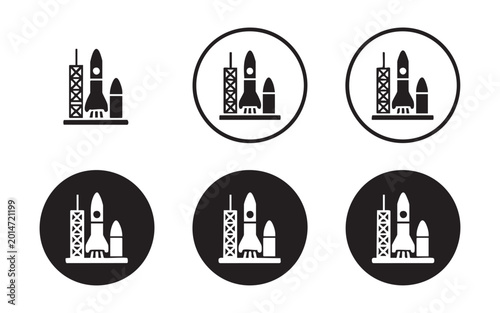 Rocket launch icons with platform and support structures for aerospace and science web graphics.
