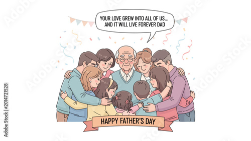 Fotografia Father's Day Warm Embrace: A tender illustration depicts a loving family united in a heartfelt embrace around their patriarch on Father's Day