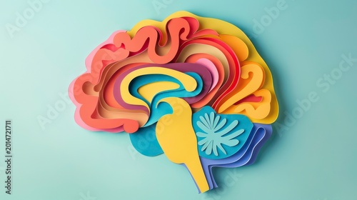 Colorful paper cut brain on light blue background.