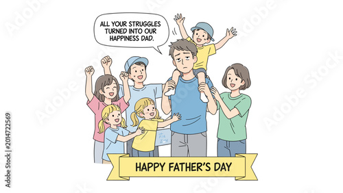 Schilderij op canvas Father's Day Triumph: A heartfelt illustration portrays a father embraced by the love and appreciation of his family, signifying the joys of fatherhood and the culmination of his efforts