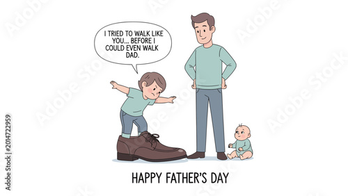 Φωτογραφία Father's Day Cartoon: A heartwarming cartoon illustrates a child's endearing attempt to emulate his father, symbolizing love and admiration, and celebrating the essence of Father's Day