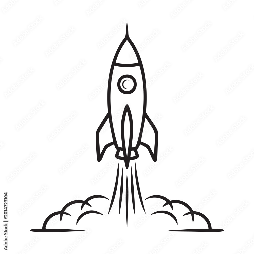 Fototapeta premium Sketch style rocket ship launching with smoke cloud silhouette isolated on transparent background.