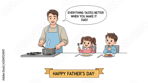 Fotografia Father's Day Feast: A heartwarming scene unfolds as a father lovingly prepares a meal for his children