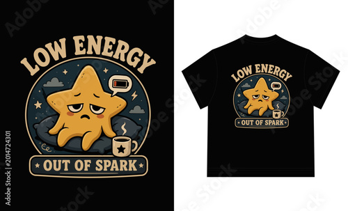 Foto Sad Star Character with Low Battery Icon and Coffee Cup, Low Energy Out of Spark