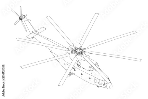 Schilderij op canvas Detailed helicopter blueprint with numbered components, black contour lines, and clearly visible rotor blades and cockpit on white background