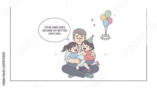 Quadro su tela The Father and His Daughters: A tender moment unfolds as a loving father is embraced by his two adoring daughters, the illustration conveying a heartwarming scene of love, support, and appreciation