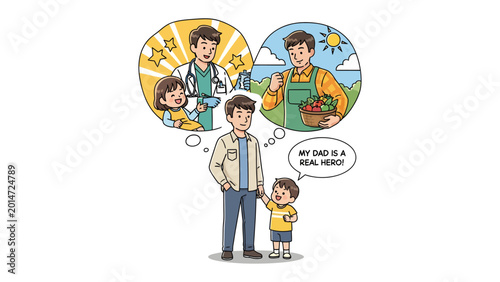 Schilderij op canvas Dreaming of Dad: A heartfelt scene where a child envisions their father in roles of both a caring doctor and a nurturing farmer, embodying the idea of a real hero