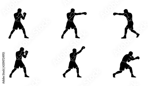 Bild auf Leinwand Boxing Silhouette Icons, Dynamic Fighter Poses, Martial Arts Action Set, Sport C