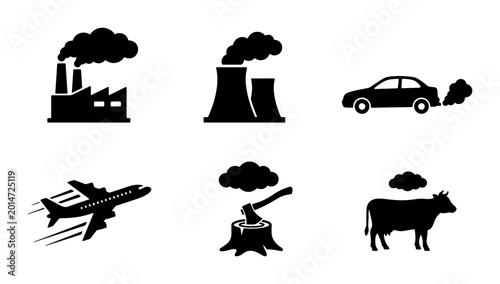 Tableau sur toile Industrial Pollution Icons: Factories, Power Plant, Car Emissions, Airplane, Def