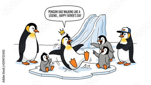 Fotografie Joyful Penguin Family: This heartwarming cartoon illustrates a penguin family's loving celebration of Father's Day, with the father penguin reveling in the joyous occasion