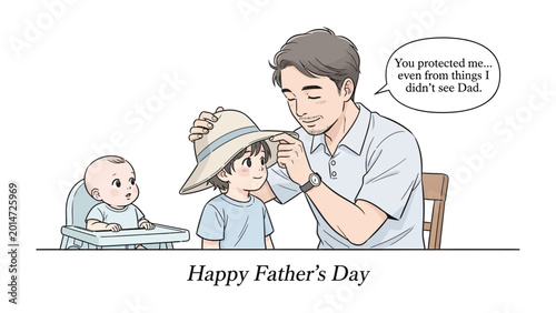 Schilderij op canvas Heartwarming Father's Day Moment: A father tenderly adjusts his child's hat, as another child looks on, capturing a tender moment of family bond and protection