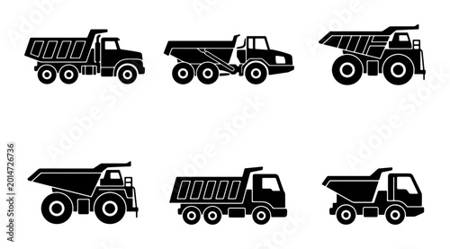 Foto Set of 6 Black and White Dump Truck Icons, Heavy Machinery Vector Graphics, Cons