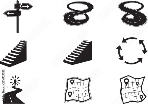 фотографія Graphic icon set featuring navigation paths stairs maps and direction signs