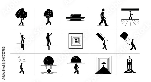 Foto Conceptual stick figure icons representing life challenges pressure obstacles and personal growth metaphors