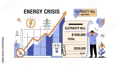 Foto Illustration of energy crisis with rising electricity bills and concerned man analyzing costs