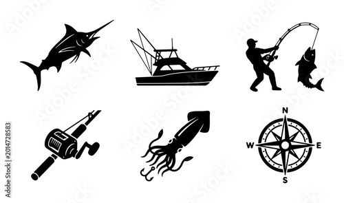 Canvas-taulu Fishing Icons Set: Marlin, Boat, Angler, Squid, Rod, Compass