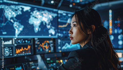 World on the Screen: An intelligent female cyber expert analyses data, her focused gaze fixed on the array of complex data visualizations and world maps displayed across multiple monitors.