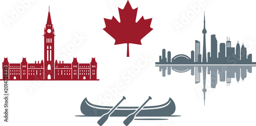 Photography Canadian Landmarks and Symbols Vector Set Featuring Parliament Hill Toronto Skyl