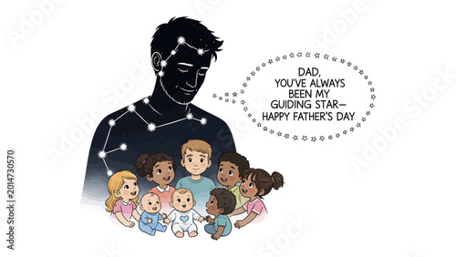 Fotografie Guiding Star: An illustrated depiction of a father, represented by constellations, lovingly looks down upon his children on Father's Day