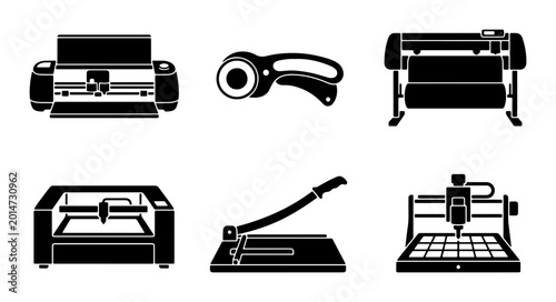 Billede på lærred Crafting Machines Vector Icons Set, Cutting Plotter, Laser Engraver, Rotary Cutt
