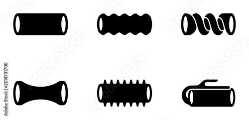 Cuadro en lienzo Six Black Pasta Shapes, Vector Icons: Penne, Fusilli, Rigatoni, Macaroni, Cavata