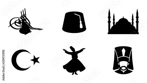 Foto Turkish Cultural Icons Set: Crescent Moon Star, Mosque Silhouette, Fez Hat, Whir