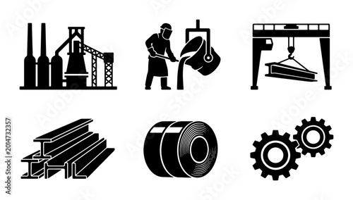 Foto Industrial Manufacturing Icons Set: Steel Production, Metallurgy, Heavy Industry