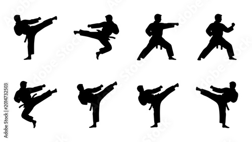 Tableau sur toile Karate Action Silhouettes, Martial Arts Poses Vector Set, Dynamic Combat Movemen