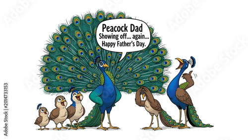 Quadro su tela Peacock Father's Day Illustration: An illustrated scene of a peacock father proudly displaying his vibrant plumage, with his offspring and other peacocks, celebrating Father's Day