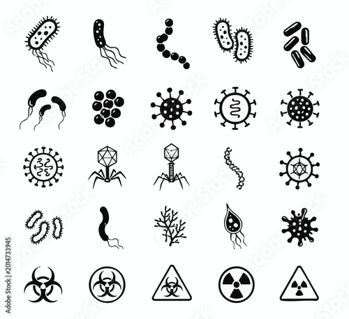 Virus, bacteria, microbe, germ icons, 25 biohazard symbols, black vector illustrations, medical warning signs