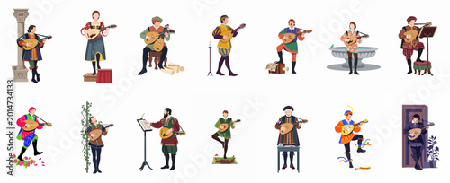 Fotografi Collection of medieval and Renaissance bards and musicians playing the lute in various historical settings and costumes, isolated on white background