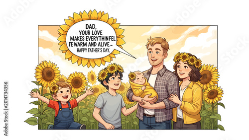 Foto Sunflower Family's Sunny Day: A heartwarming depiction of a family amidst a vibrant field of sunflowers, celebrating Father's Day with a heartfelt message and cheerful smiles