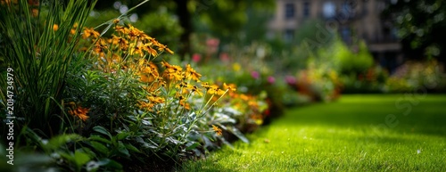 Vibrant garden flowers with green grass in sunny setting  
