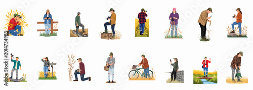 Fotografía Collection of outdoor photographers and nature enthusiasts in various rural landscapes, featuring people with cameras in wheat fields and natural settings