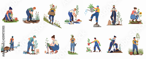 Foto A diverse group of gardeners in blue overalls planting trees, watering plants, and digging soil in a series of colorful flat illustrations