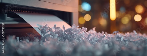 Paper shredding machine processing documents with shredded paper on floor  