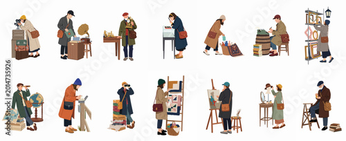 Flat Vector Illustration Set of People Browsing Vintage Goods, Antiques, and Collectibles at a Flea Market Isolated on White Background.