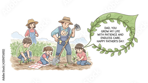 Картината върху платно Father's Day in the Garden: A tender Father's Day scene unfolds in a flourishing garden, depicting a caring dad tending to young saplings alongside his children