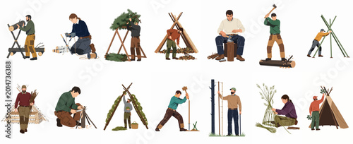 Fotografi Illustration set of people practicing bushcraft and wilderness survival skills including shelter building, woodcutting, and traditional woodworking on a white background