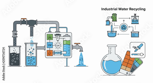 Industrial water recycling process with purification stages and testing tools