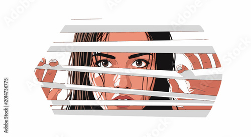Intense close-up of a woman peeking through horizontal blinds, her eyes wide