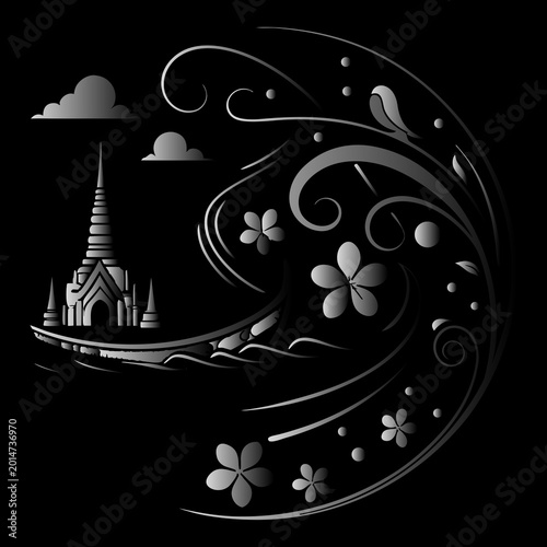 Slika na platnu Thai temple with floral ornaments and swirls on black