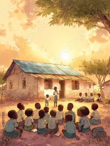 African children engaged in learning outdoors at a solar-powered school under the warm sunlight.