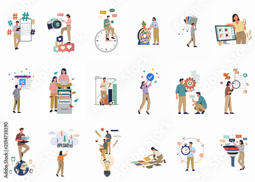 Collection of flat vector illustrations depicting various digital marketing, social media management, content creation, and data analysis concepts for modern business strategies.